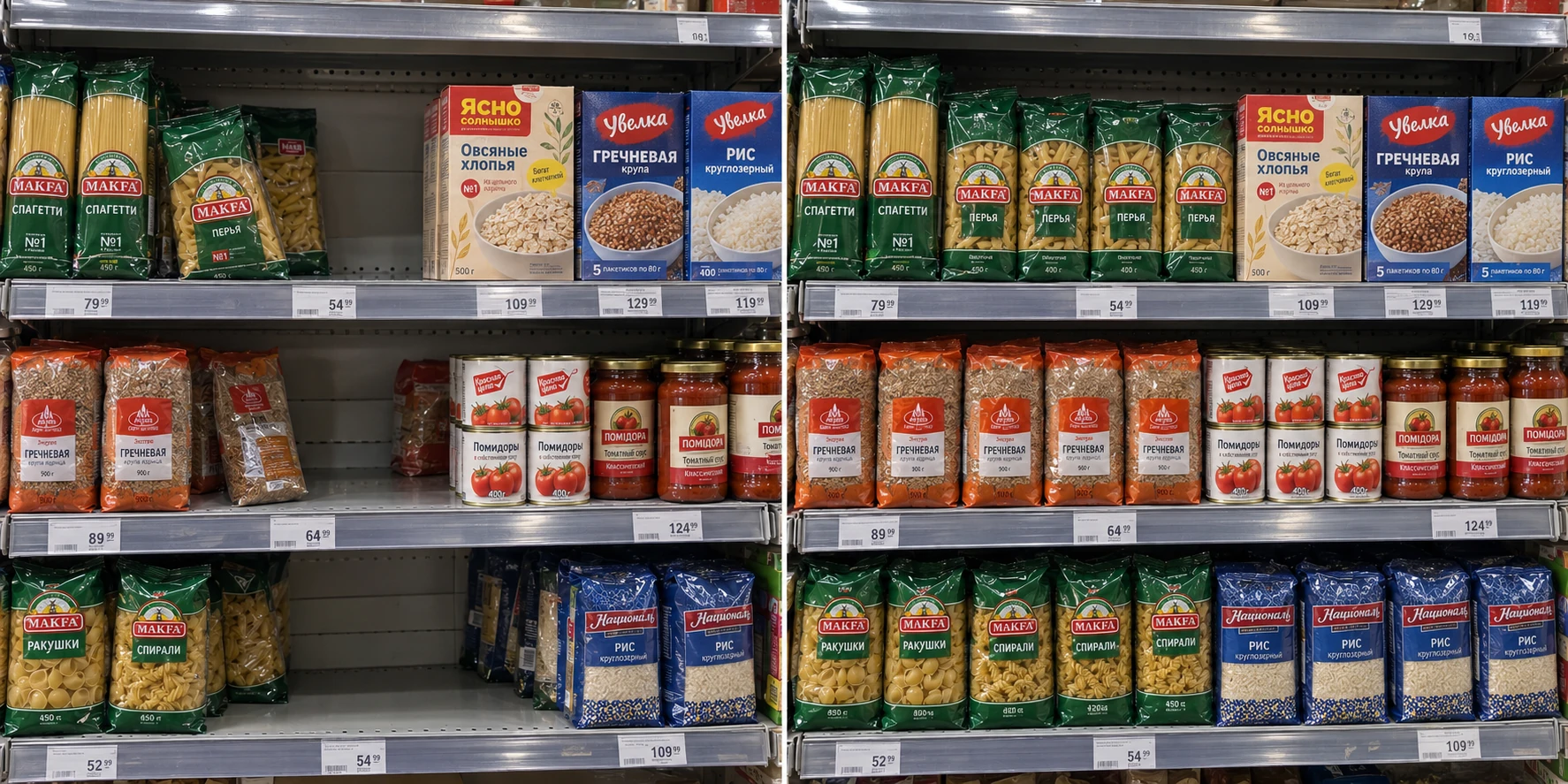 Иллюстрация сценария пополнения одной продуктовой полки: до и после визита